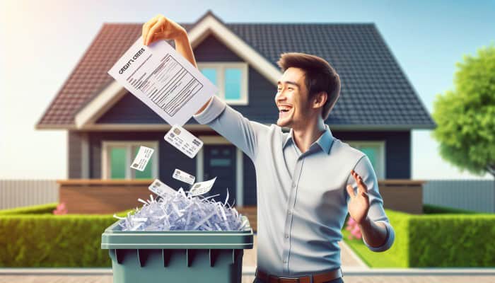 Person shredding credit card statements, consolidating into one loan document, symbolizing financial clarity and improved credit health.