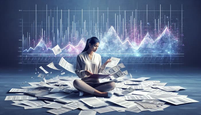 Debt Consolidation Innovations: A Revolution on the Horizon | DCL A person organizing scattered bills into one folder, with economic graphs in the background, symbolizing debt consolidation.