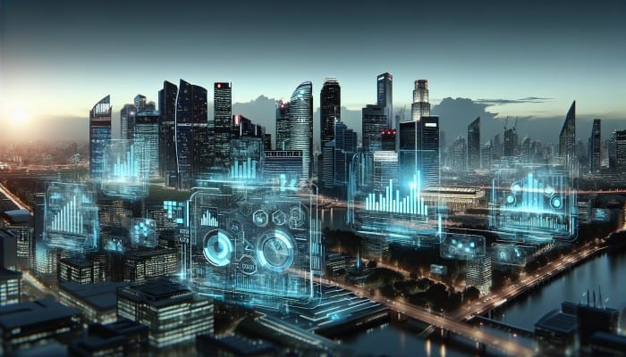Debt Consolidation Innovations: A Revolution on the Horizon | DCL Futuristic city skyline with holographic graphs and charts, modern architecture in background.