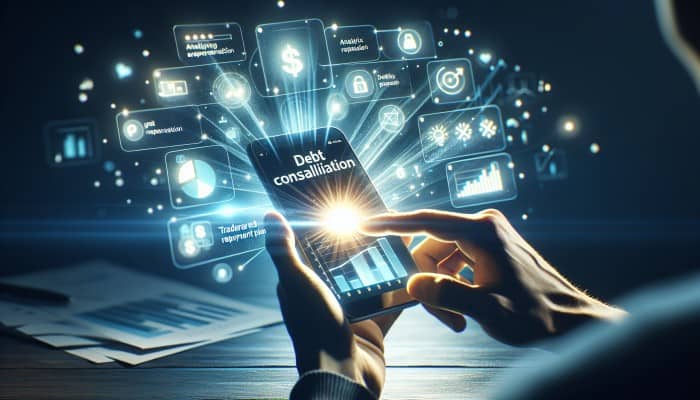 Debt Consolidation Innovations: A Revolution on the Horizon | DCL A person using a smartphone with a debt consolidation app, showing graphs and repayment plans.
