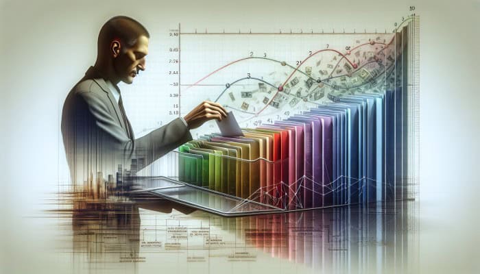 Consolidating Debt On A Tight Budget: Essential Tips | DCL A person organizing colorful bills into a clear folder, symbolizing debt consolidation, with a backdrop of a financial chart showing declining interest rates.