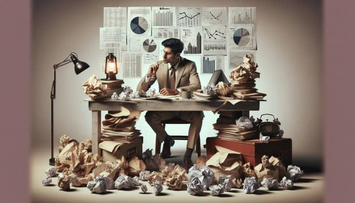 Consolidating Debt On A Tight Budget: Essential Tips | DCL A person at a cluttered desk, surrounded by bills, contemplating debt consolidation strategies.