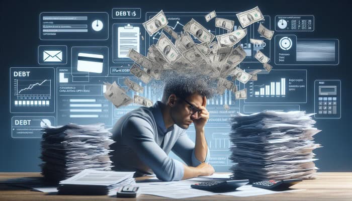 High-Interest Loans Consolidation Strategies: The Ultimate Guide | DCL Person overwhelmed by high-interest debt documents, considering consolidation options amidst financial papers.