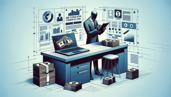 Debt Consolidation Loans Without Credit Checks: Complete Guide | DCL Person submitting loan application at desk with financial documents and laptop showing debt consolidation loan offer, no credit check symbol.