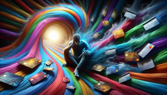 A person finds relief from high-interest credit card bills through debt consolidation, symbolized by merging colorful streams into one clear river.