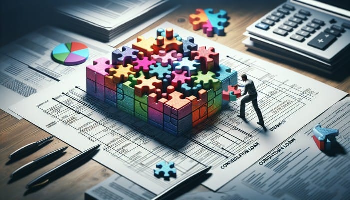 Improving Credit With a Debt Consolidation Loan | DCL A person arranging puzzle pieces labeled 'debt' into a 'consolidation loan' block, with financial documents.