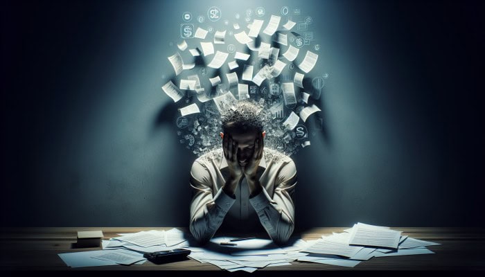 Managing Anxiety During Debt Consolidation Effectively | DCL A person overwhelmed by debt, surrounded by bills, showing anxiety in a dimly lit room.