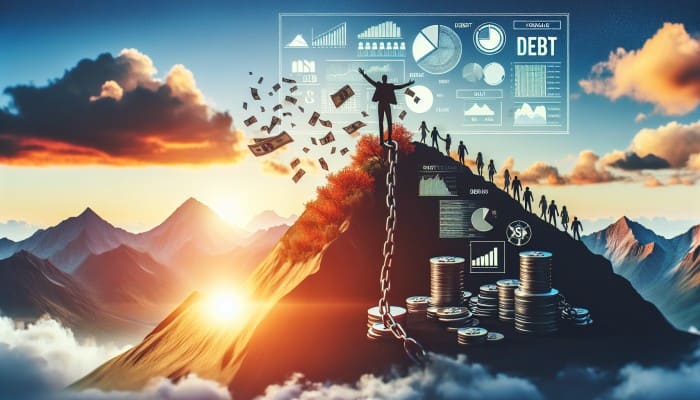 Person breaking free from 'debt' chains on a mountain at sunrise, symbolizing emotional freedom through debt consolidation.
