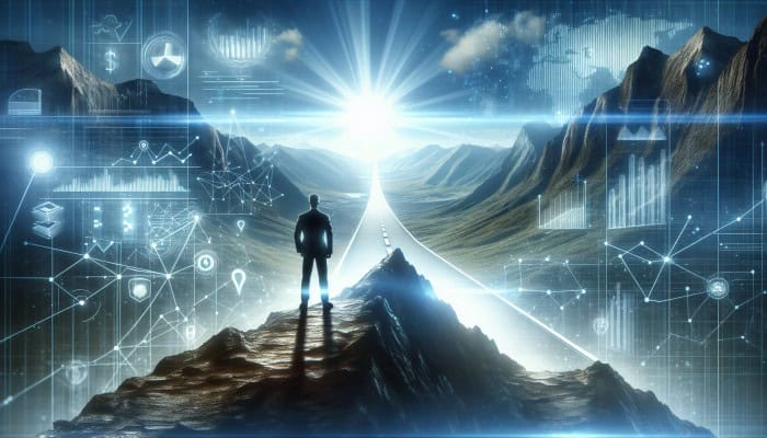 A person triumphantly stands on a mountain peak, symbolizing victory over debt and a path to financial freedom and emotional well-being.