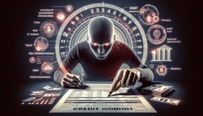 Bad Credit Consolidation Loans: A person anxiously reviewing credit score report with symbolic elements like payment history graphs, debt scales, and a bank's shadow.