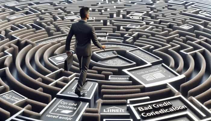 A person confidently navigating a maze, symbolizing the application process for bad credit consolidation loans.