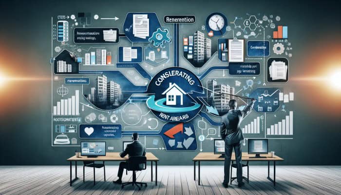 Consolidate Rent Arrears: A Vital Guide for Tenants | DCL Infographic showing rent arrears consolidation process with charts, timelines, and legal and financial elements.