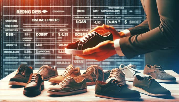 Online Lenders For Debt Consolidation Loans: A person choosing shoes, symbolizing selecting online lenders, with financial charts and loan documents in background.