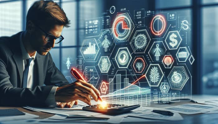 Person analyzing loan document, focusing on interest rates and repayment terms, using graphs and calculators in office.