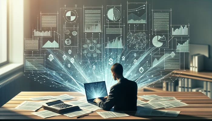 Debt Consolidation Calculators for Effective Financial Management | DCL Person using a laptop with debt consolidation calculators, surrounded by financial documents and graphs, showing savings from debt consolidation.