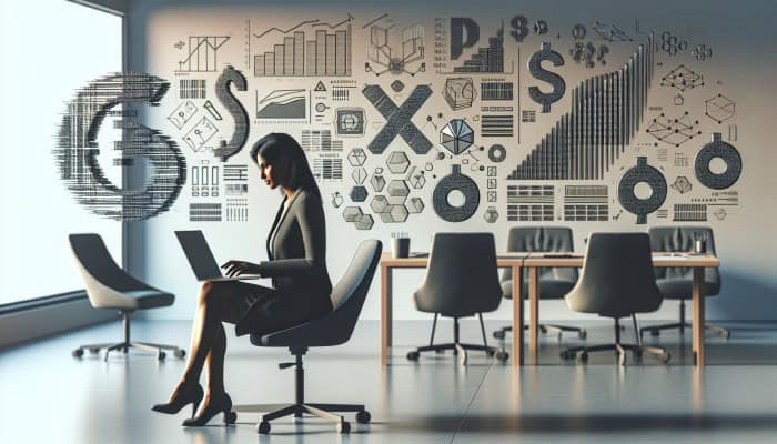 Debt Consolidation Calculators for Effective Financial Management | DCL A person using a debt consolidation calculator on a laptop amidst financial charts in a minimalist office.