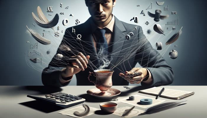 Secrets To Successful Debt Consolidation Loans: A person at a desk with tea, evaluating debts using financial documents and calculators.