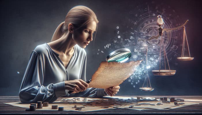 Person using magnifying glass to read loan document, with graphs and balancing scales in background.