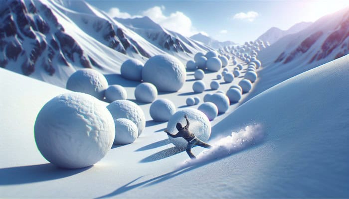 A person joyfully rolling a small snowball down a hill, symbolizing the start of debt repayment, with larger snowballs in the background.