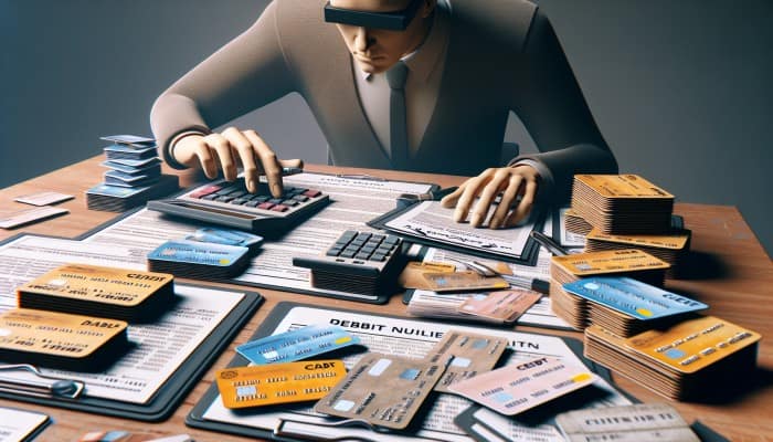 How to Tell if Debt Consolidation is Right for You: A person organizing financial statements and bills, calculating total debt with a calculator, surrounded by credit cards and loan documents.
