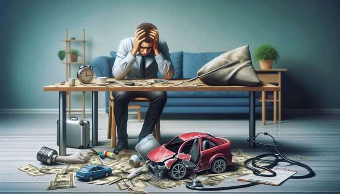 how to cope with debt consolidation setbacks: Person overwhelmed by bills, car repair, and medical costs, struggling with debt consolidation.