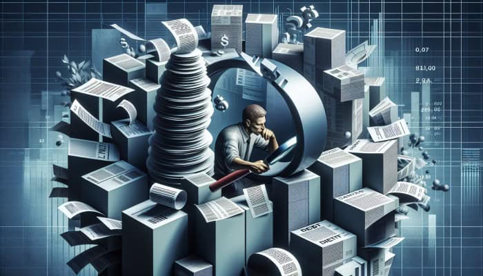 Person analyzing towering bills and financial documents with a magnifying glass, surrounded by debt charts and graphs.