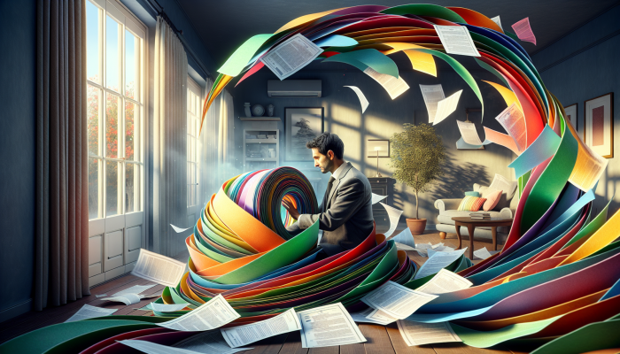 Person in UK consolidating colorful debt papers into one clear loan document, symbolizing financial relief and stability.