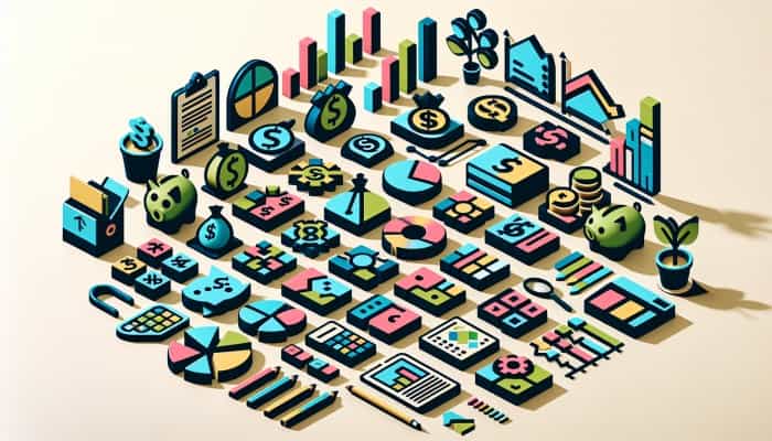 Myths about Debt Consolidation and Savings: Debunking Common Misconceptions | DCL Diverse savings accounts with unique symbols and colors on a financial planning table with graphs.