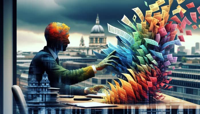 Debt Consolidation Loans for Quick Funding: Person at desk consolidating colorful debt papers into one clear loan document, symbolizing financial relief, UK backdrop.