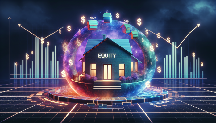 How to Consolidate Debt and Improve Credit: A Comprehensive Guide | DCL A modern UK home with equity symbol, surrounded by merging debt symbols, financial charts showing lower interest rates.