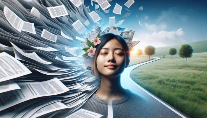 A person relieved as multiple loan documents merge into one, symbolizing student loan consolidation, with a clear financial path ahead.