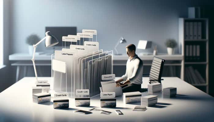 Clearing Up Debt Consolidation Confusion: A Clear Guide | DCL A person in the UK consolidates scattered loan papers and credit cards into a single folder in an organized office.