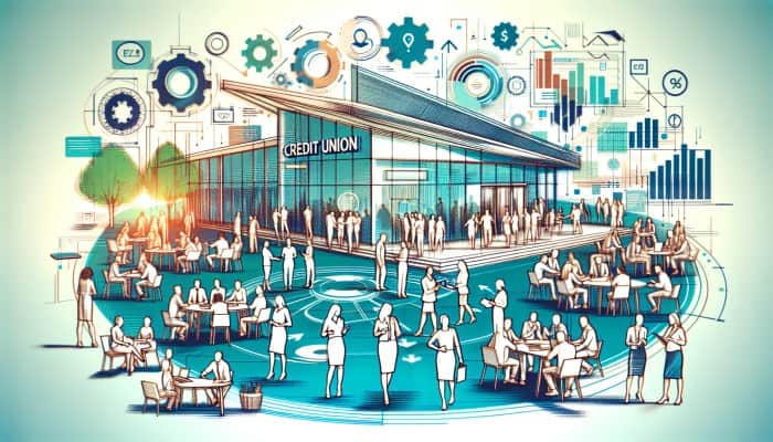 Credit Unions vs Banks: A vibrant community at a modern credit union, showcasing member-owned banking with lower rates and financial education.