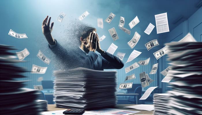 Debt Consolidation for a Fresh Start: Person consolidating scattered debt papers into one file, feeling relieved against a serene backdrop.