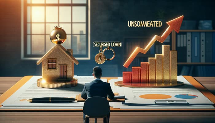 Person comparing secured and unsecured loan documents on a desk in a UK financial office.