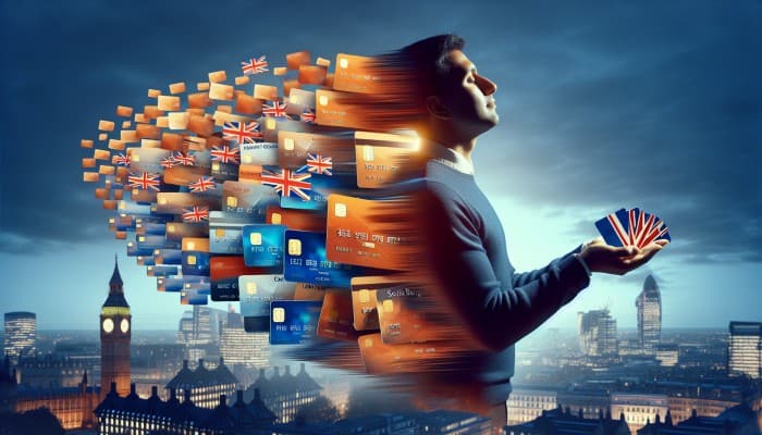 Person in the UK consolidating multiple debts into one loan, symbolizing financial relief, with UK skyline.