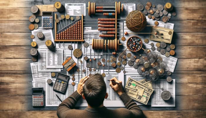 A person compiling a detailed list of debts on a cluttered desk with financial documents and a calculator.