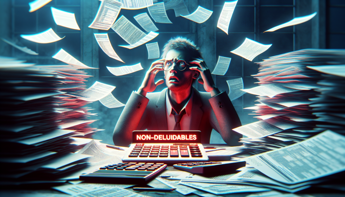 Are Debt Consolidation Fees Tax-Deductible: A Guide | DCL A person looking confused amidst scattered documents and calculators, with a tax form highlighting non-deductible fees in red.