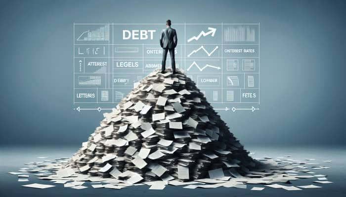 How to Consolidate Debt with Fluctuating Income: A person atop a mountain of debt papers, consolidating them into one organized folder with a lower interest rate tag.