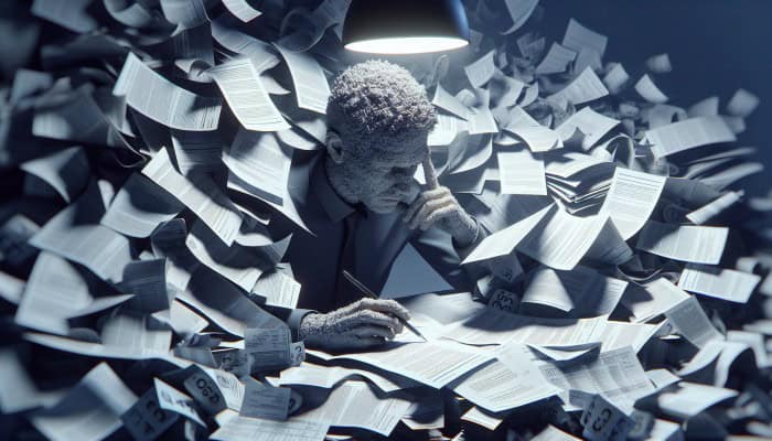 Person calculating total debt amidst scattered financial statements on a cluttered desk, under a harsh lamp.