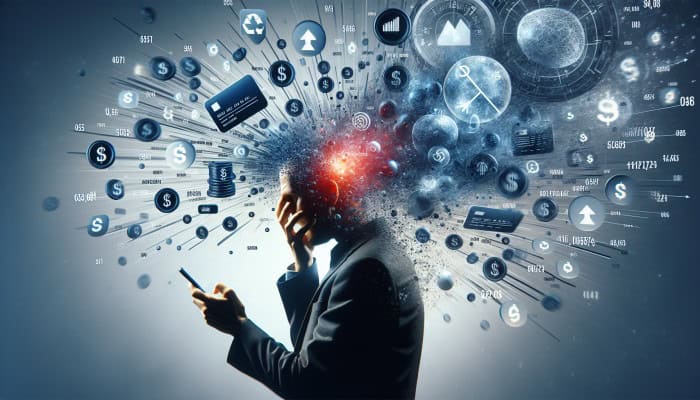 Debt Consolidation Loans for Overdraft Debt: Your UK Solution | DCL Person checking bank account on smartphone, surrounded by floating bank statements and red numbers, indicating financial stress from overdraft debt.