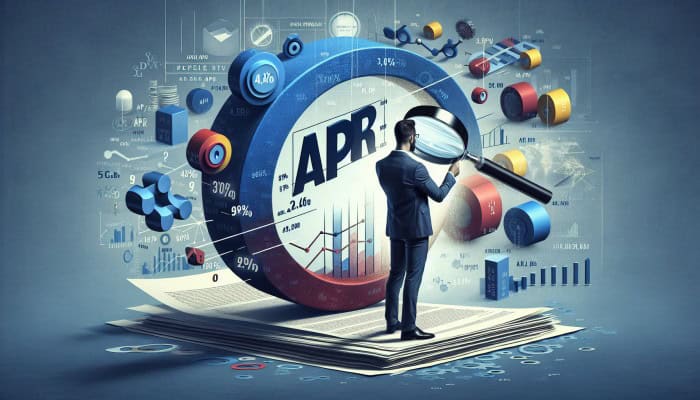 How to Compare Debt Consolidation Loan APRs: A person using a magnifying glass to scrutinize an "APR" document, surrounded by financial charts and graphs.
