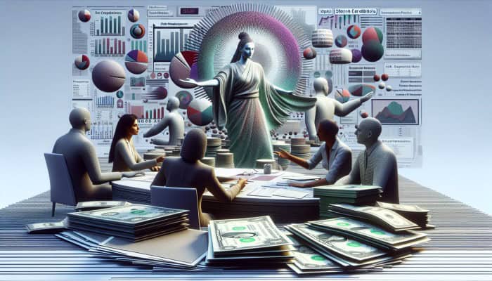 Is Debt Management Better Than Consolidation: A Guide | DCL A mediator negotiating between a stressed individual and creditors amidst scattered financial documents, symbolizing UK debt management.