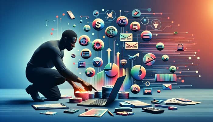 Starting Debt Consolidation with Bad Credit: A UK Guide | DCL A person reviewing financial documents and setting up direct debits on a laptop, with graphs showing improving credit score.