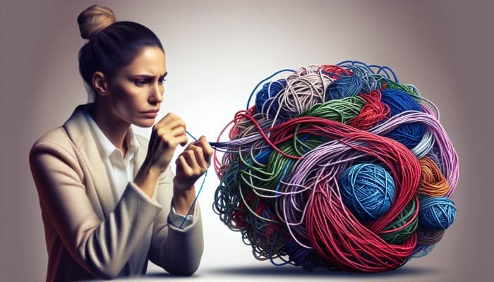 How Debt Consolidation Changes Spending Habits: A person untangling a complex knot of colorful threads, symbolizing debt consolidation, with a clear, single thread emerging.