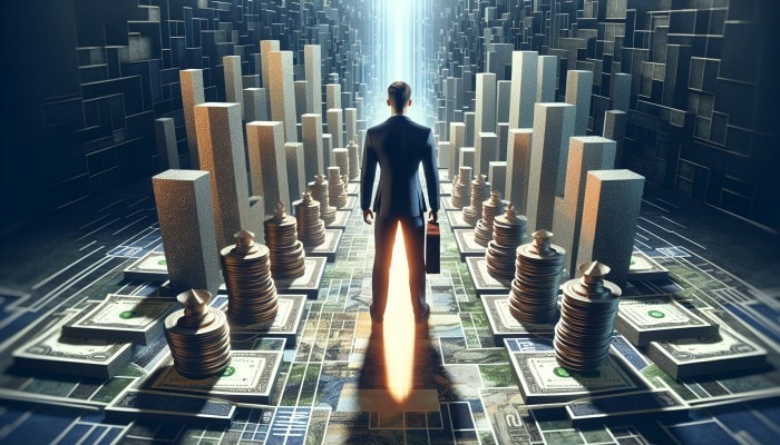A person confidently standing on a path with organized money stacks and debt consolidation documents, symbolizing financial clarity and control.