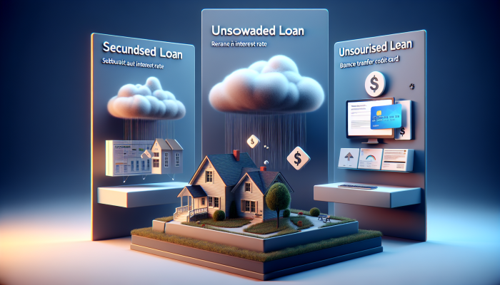Comparison of debt consolidation options: secured loan, unsecured loan, balance transfer card with rates and risks.