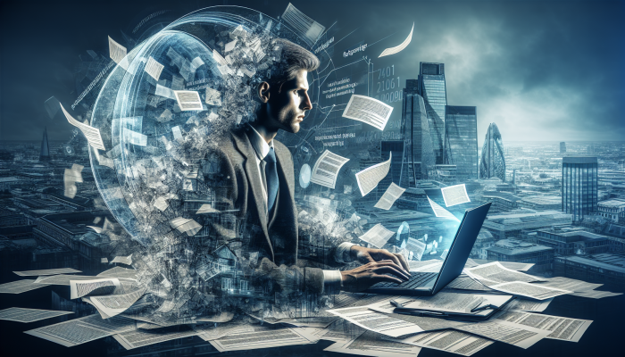 Man in London researches debt consolidation on laptop, surrounded by loan documents, focused on financial clarity.