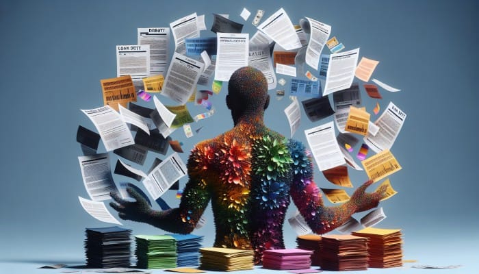 Debt Consolidation Loans from Fintech Companies: A person consolidating chaotic debt papers into one clear loan document, symbolizing financial relief.