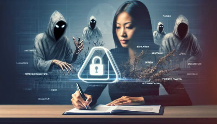 Person signing fintech loan, shadowy figures symbolize regulatory gaps and predatory risks.